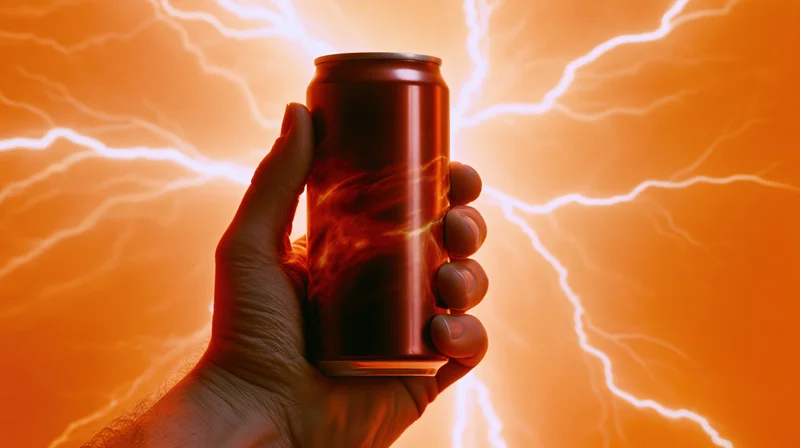 Hand holding an energy drink can against a lightning-filled orange sky