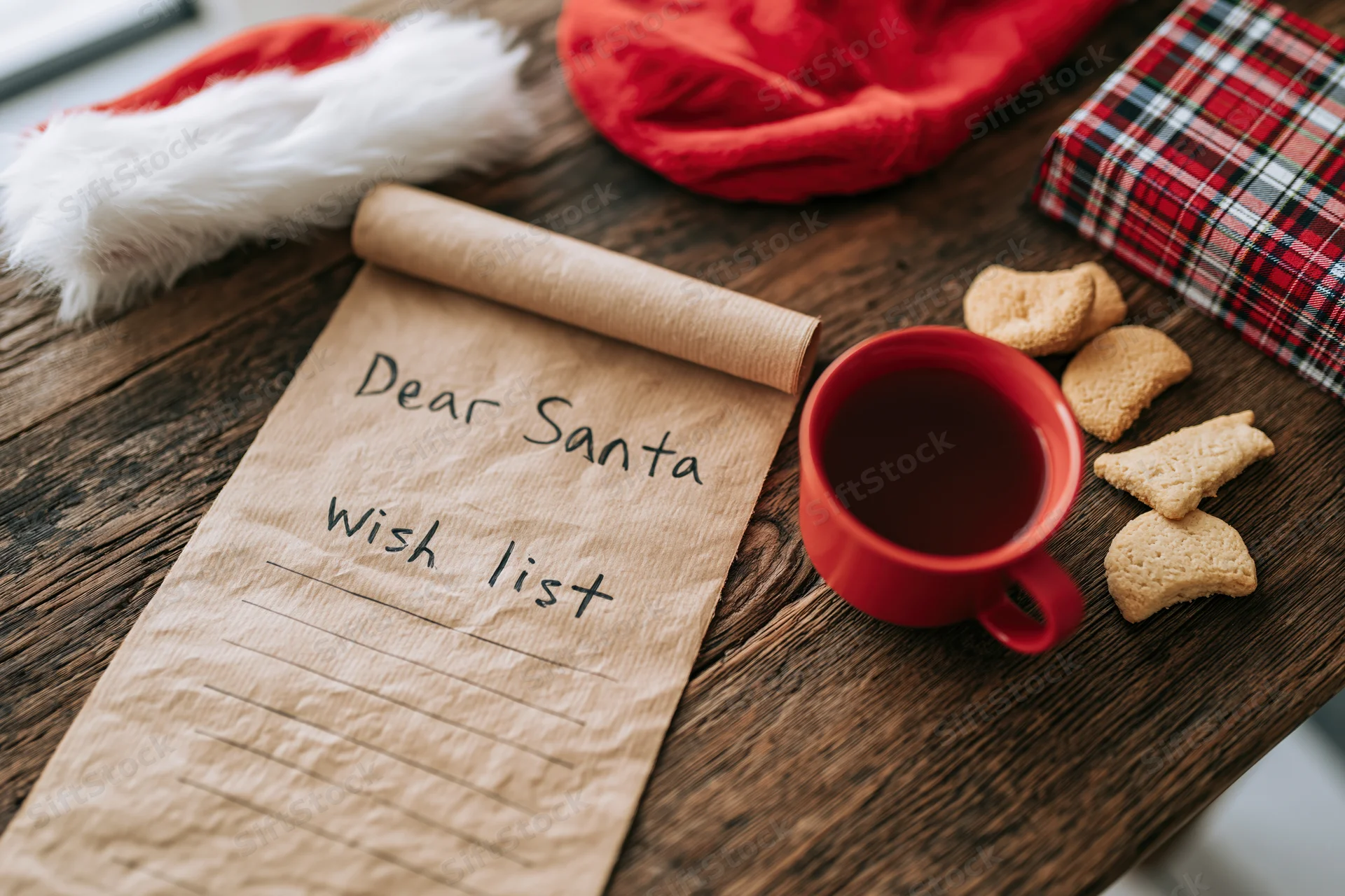 Handwritten santa wish list on kraft paper scroll with cookies and milk on wooden table