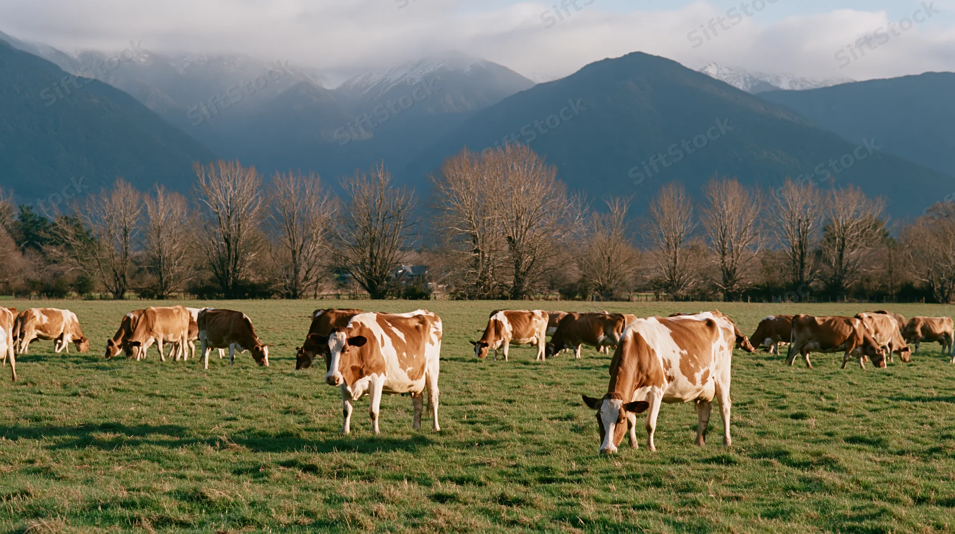 Herd of brown and white cows grazing in a green pasture with mountains in the background