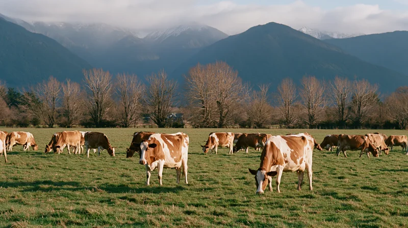 Herd of brown and white cows grazing in a green pasture with mountains in the background