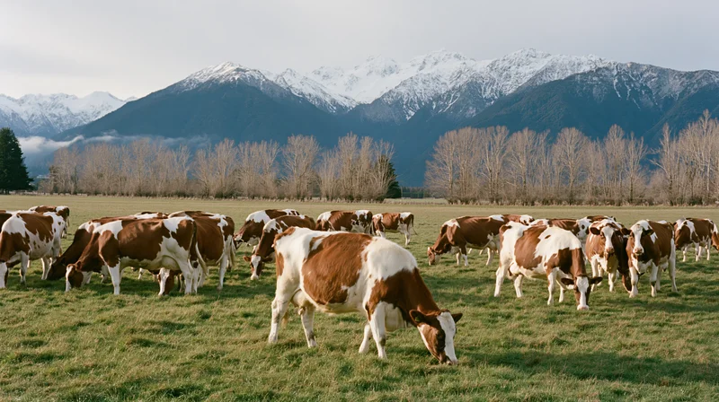 Herd of brown and white dairy cows grazing in a grassy field with snow-capped mountains in the background