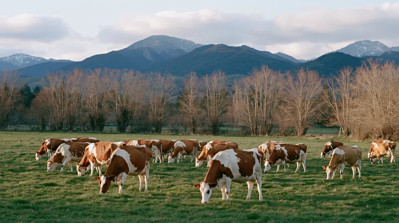 Herd of brown and white dairy cows grazing in a green pasture with mountains in the background