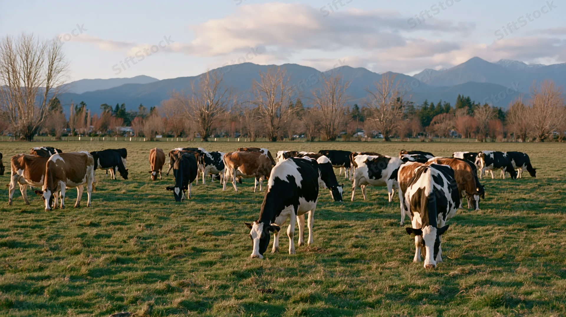 Herd of dairy cows grazing in a green pasture with mountains in the background