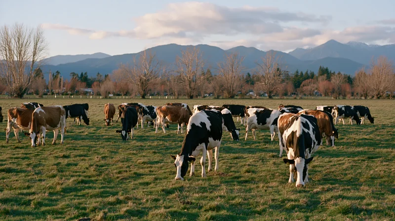 Herd of dairy cows grazing in a green pasture with mountains in the background