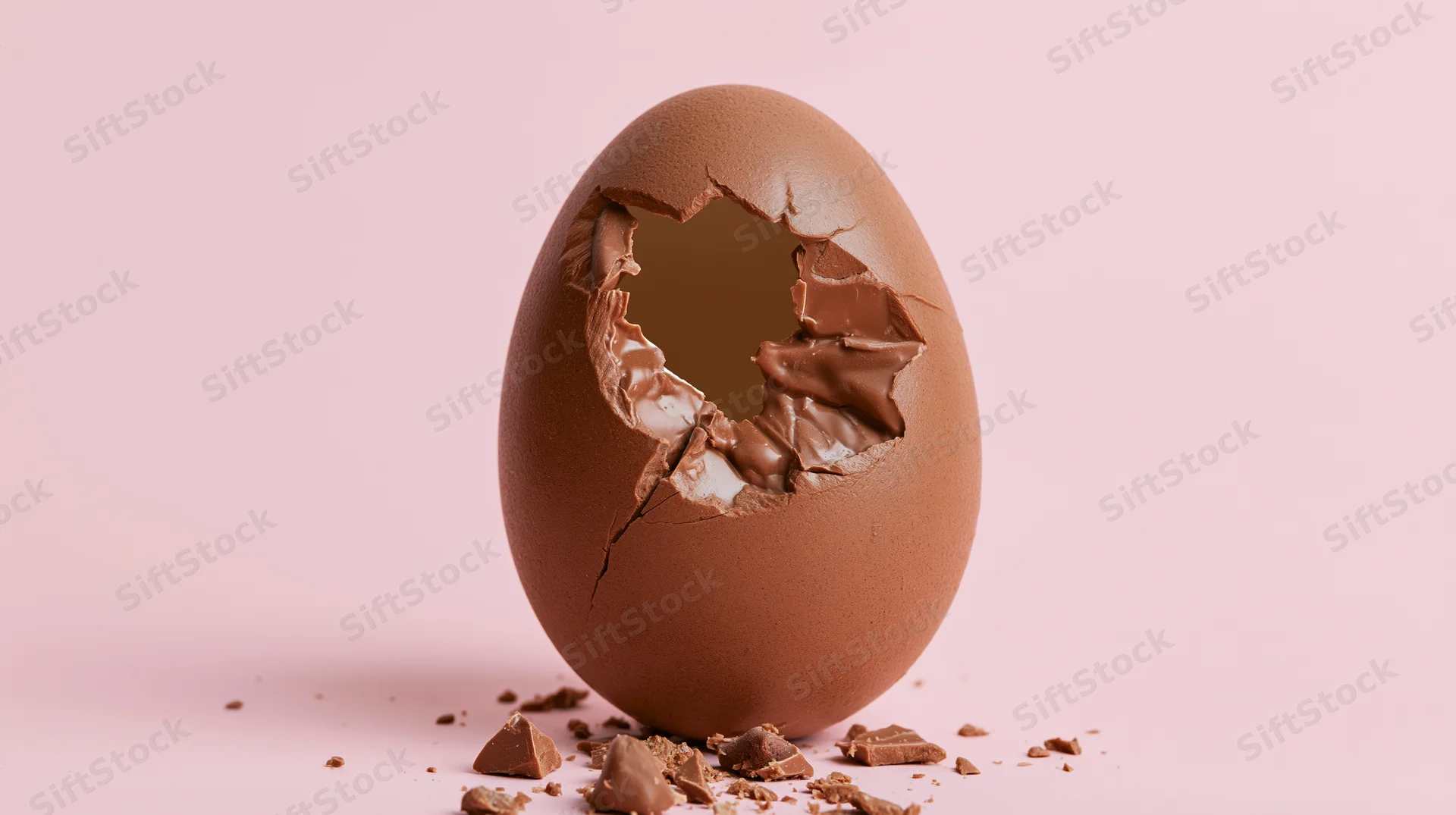 Broken milk chocolate easter egg with cracked shell and fragments on pink background