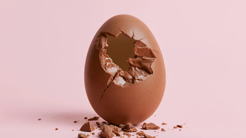 Broken milk chocolate easter egg with cracked shell and fragments on pink background