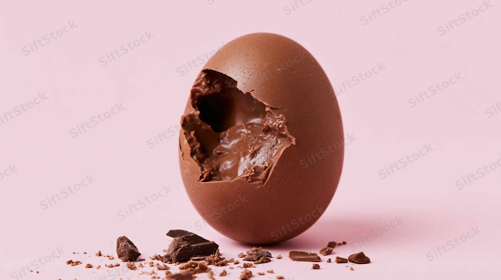 Broken milk chocolate easter egg with creamy filling on pink background