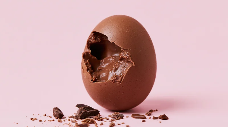 Broken milk chocolate easter egg with creamy filling on pink background