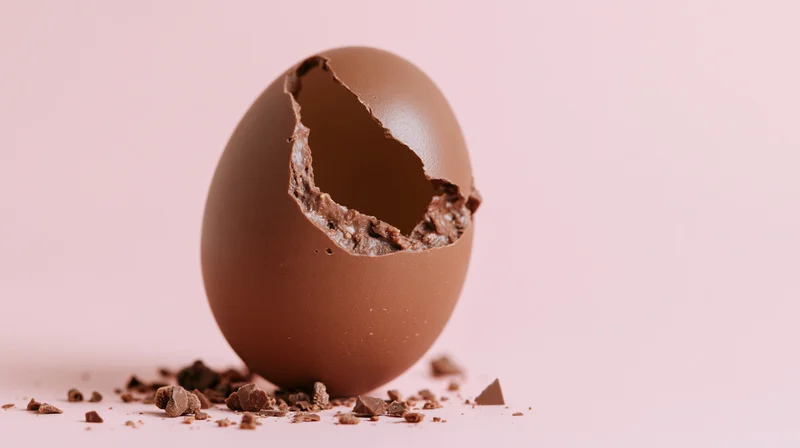 Broken milk chocolate easter egg standing upright with scattered fragments on pink background