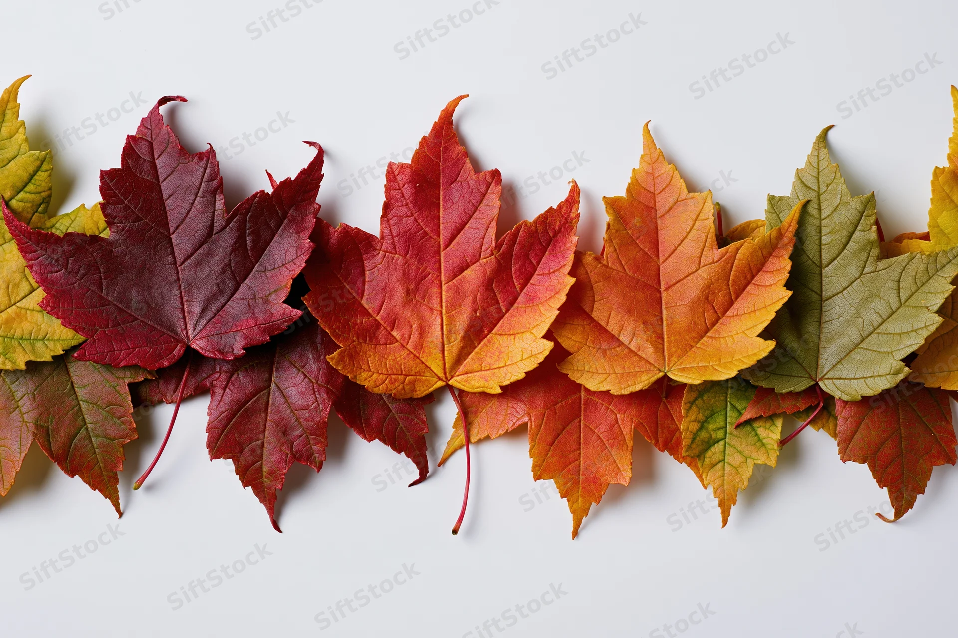Horizontal row of autumn maple leaves arranged across a white surface
