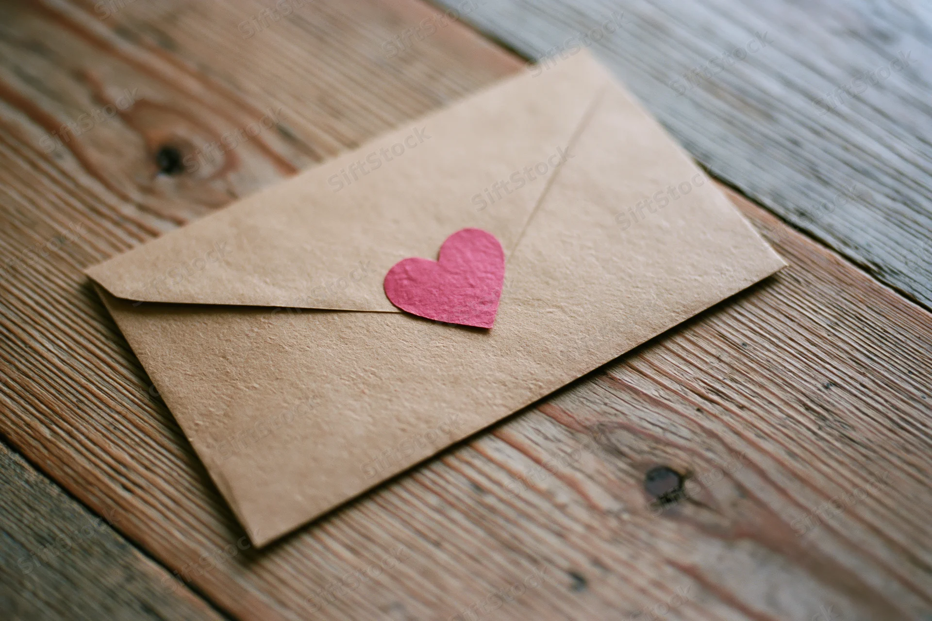 Kraft paper envelope sealed with a red paper heart on a wooden surface