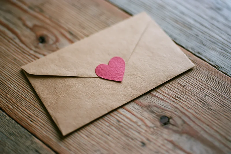 Kraft paper envelope sealed with a red paper heart on a wooden surface