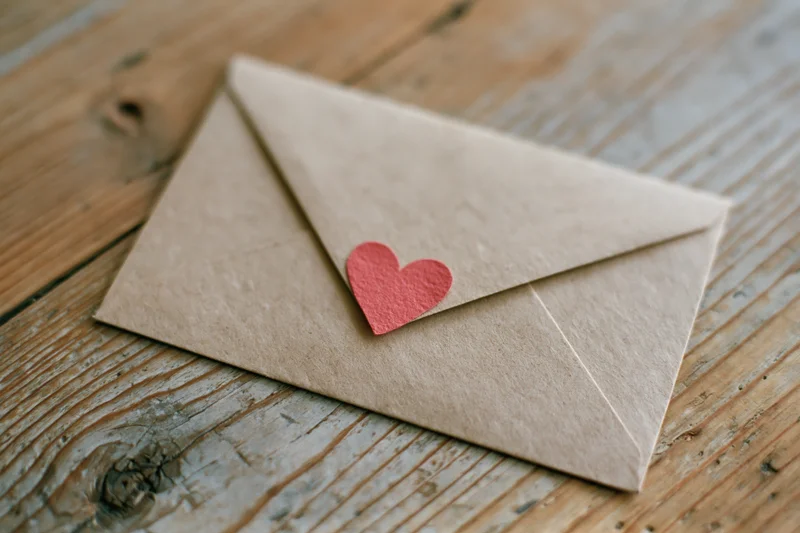 Kraft paper envelope sealed with a red heart on a wooden surface