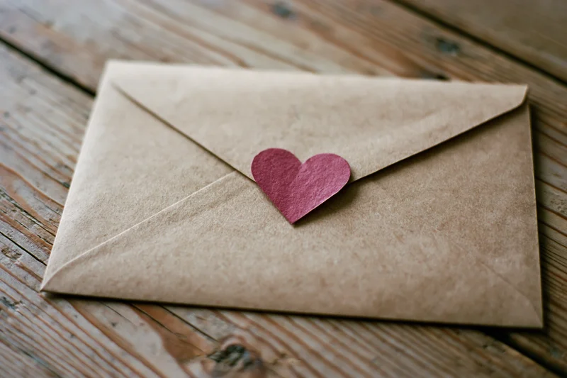 Kraft paper envelope sealed with a red paper heart on a wooden surface