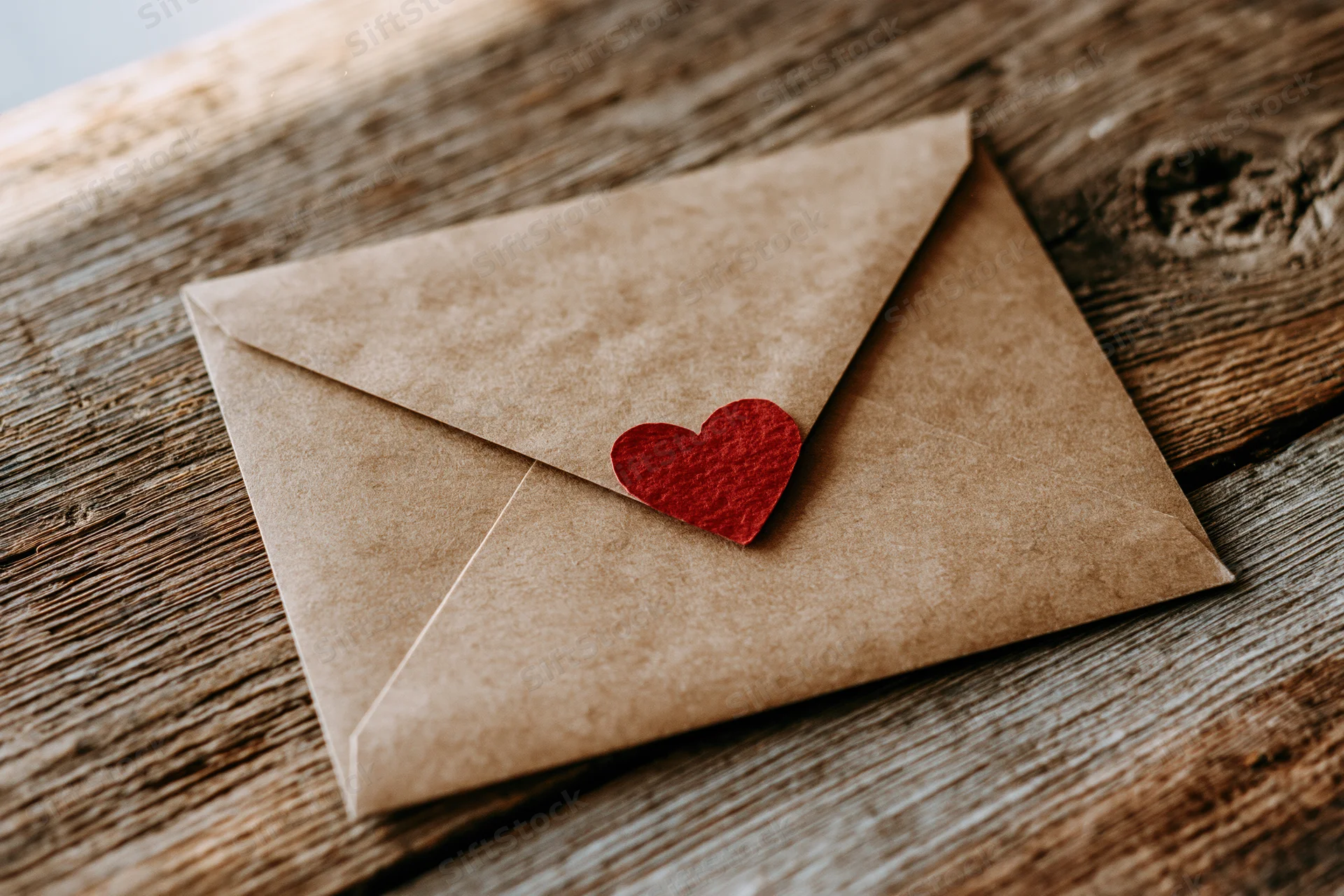 Kraft paper envelope with red heart seal resting on wooden surface