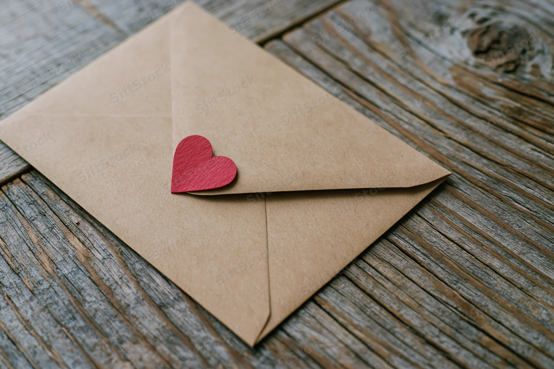 Kraft paper envelope with red heart on wooden surface