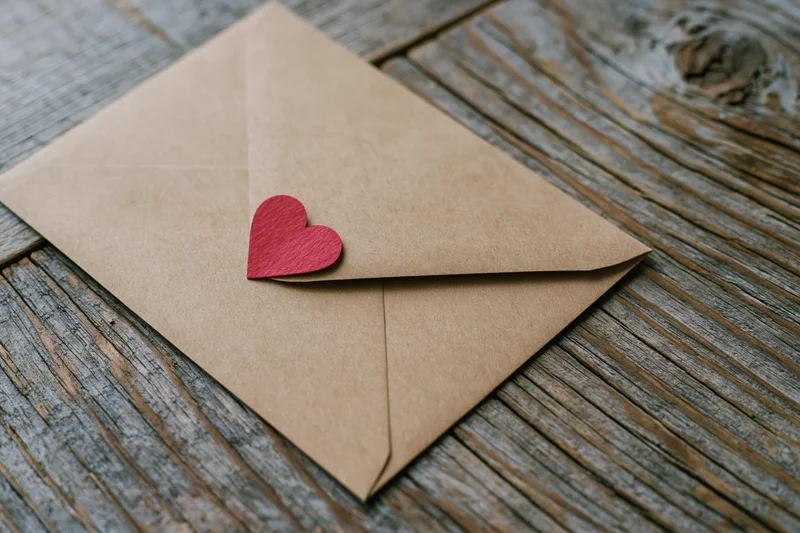 Kraft paper envelope with red heart on wooden surface