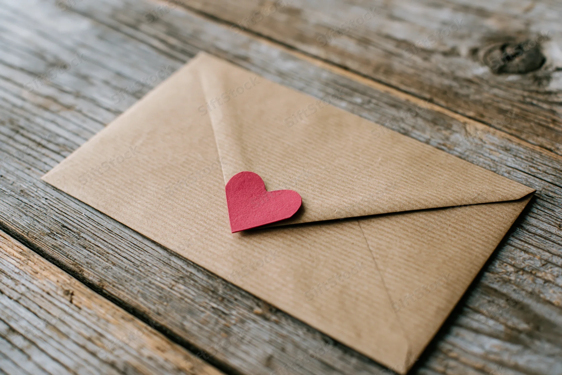 Kraft paper envelope with red paper heart on wooden surface