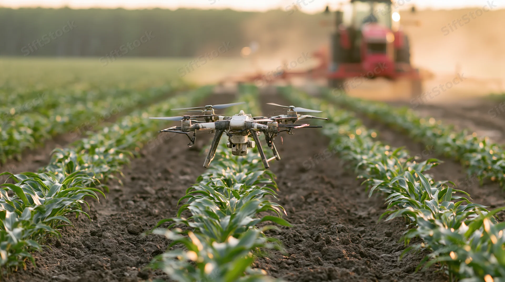 Drone hovering low over rows of young corn plants in a field with tractor in background