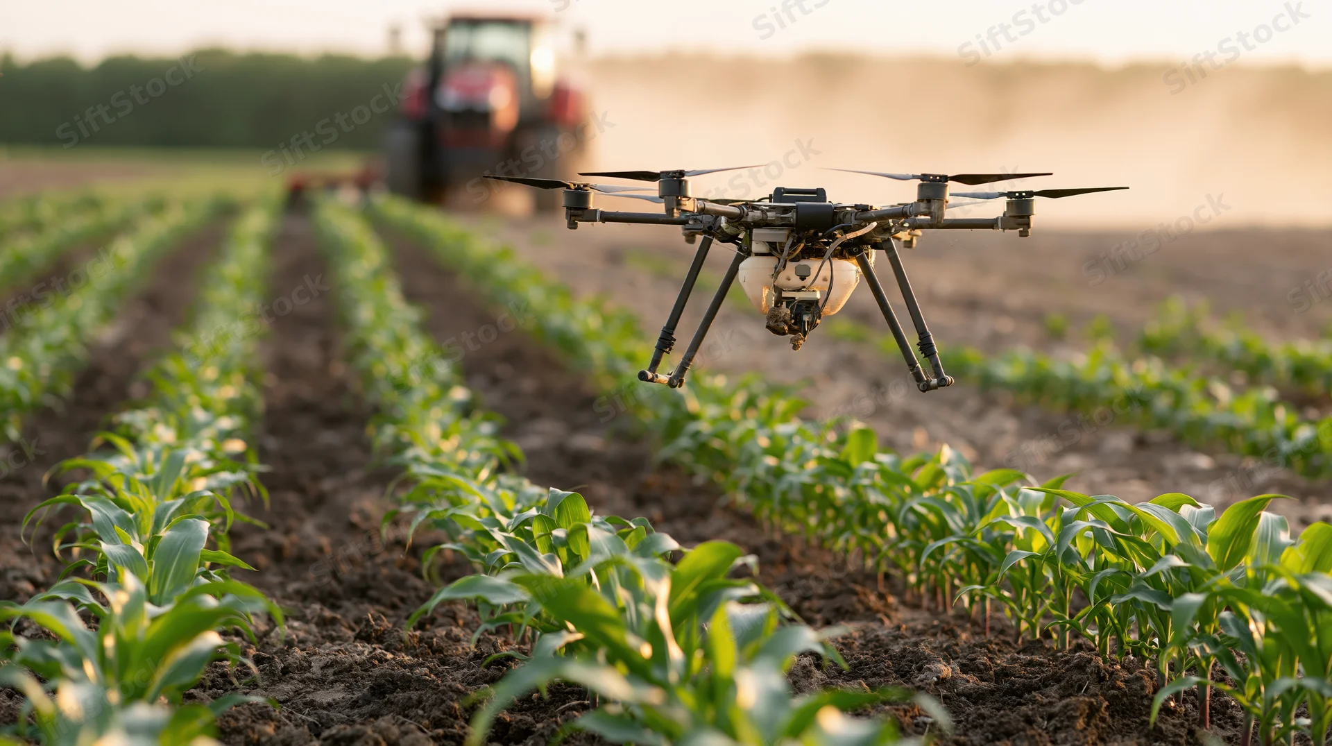 Drone hovering over rows of young corn plants in a field with tractor in background
