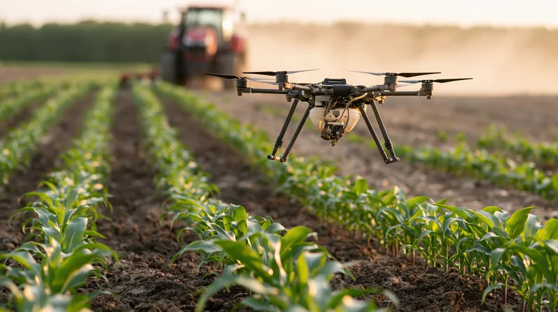 Drone hovering over rows of young corn plants in a field with tractor in background