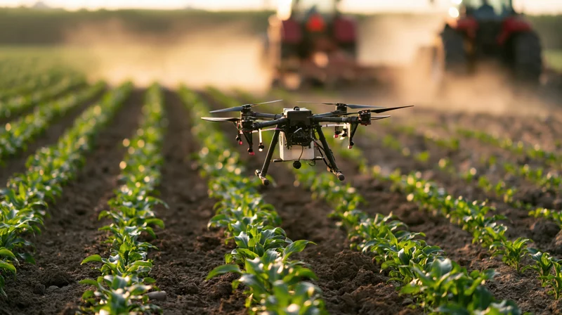 Drone hovering low over rows of young crops in a field with tractors in the background