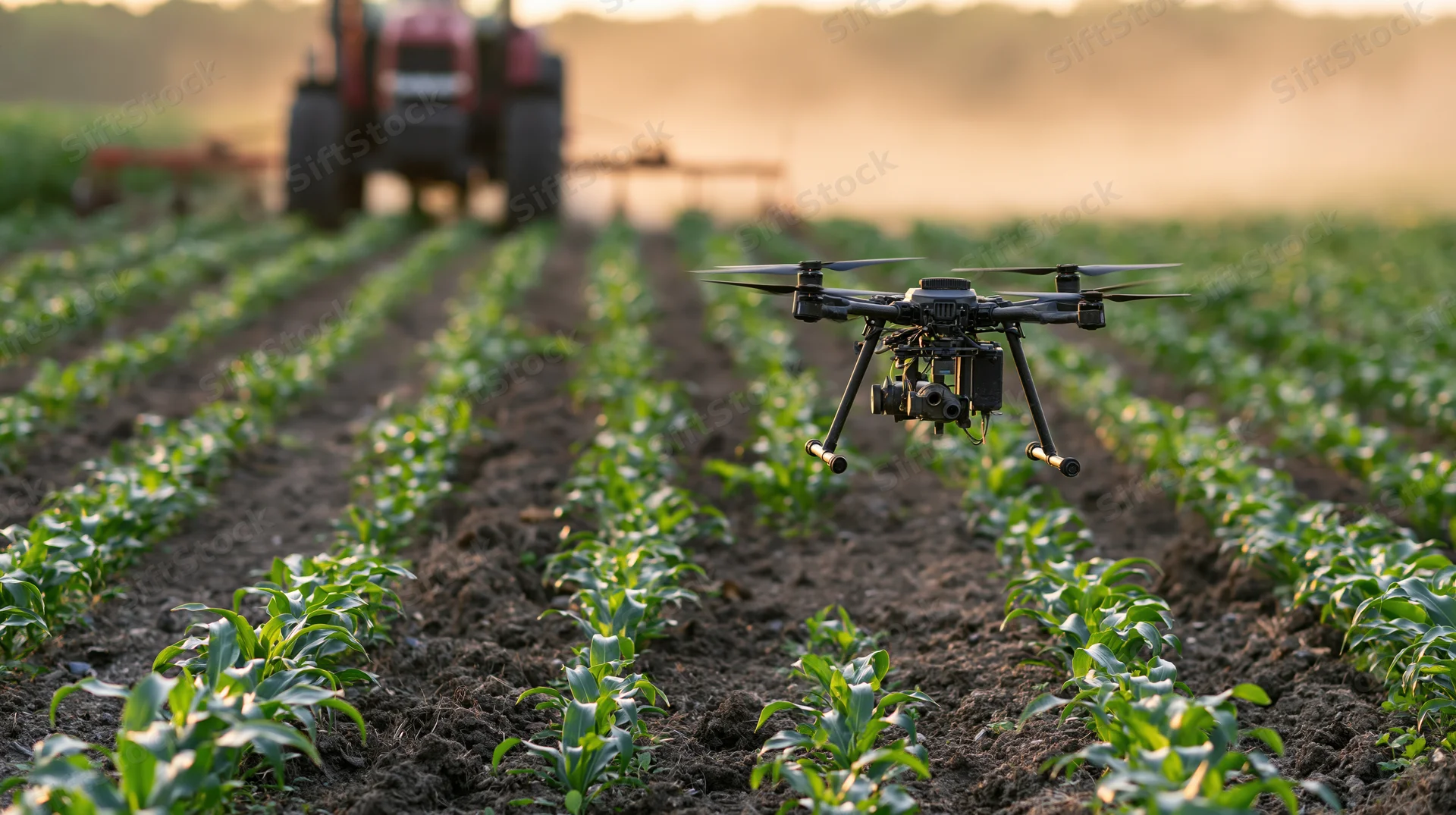 Drone hovering over rows of young corn plants in a field with tractor in background