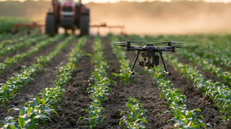 Drone hovering over rows of young corn plants in a field with tractor in background