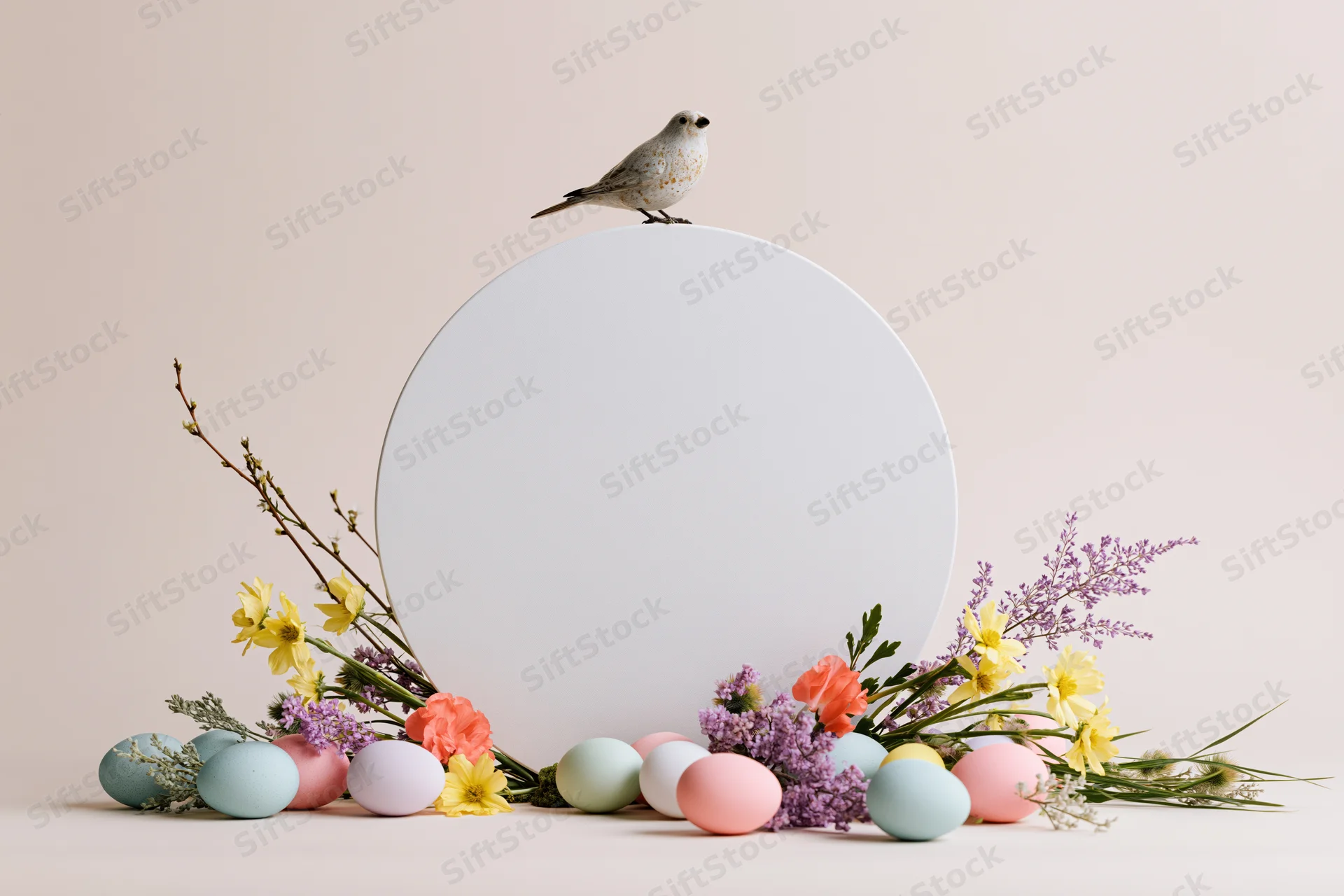 Circular white disc surrounded by pastel eggs and spring flowers with a small bird perched on top