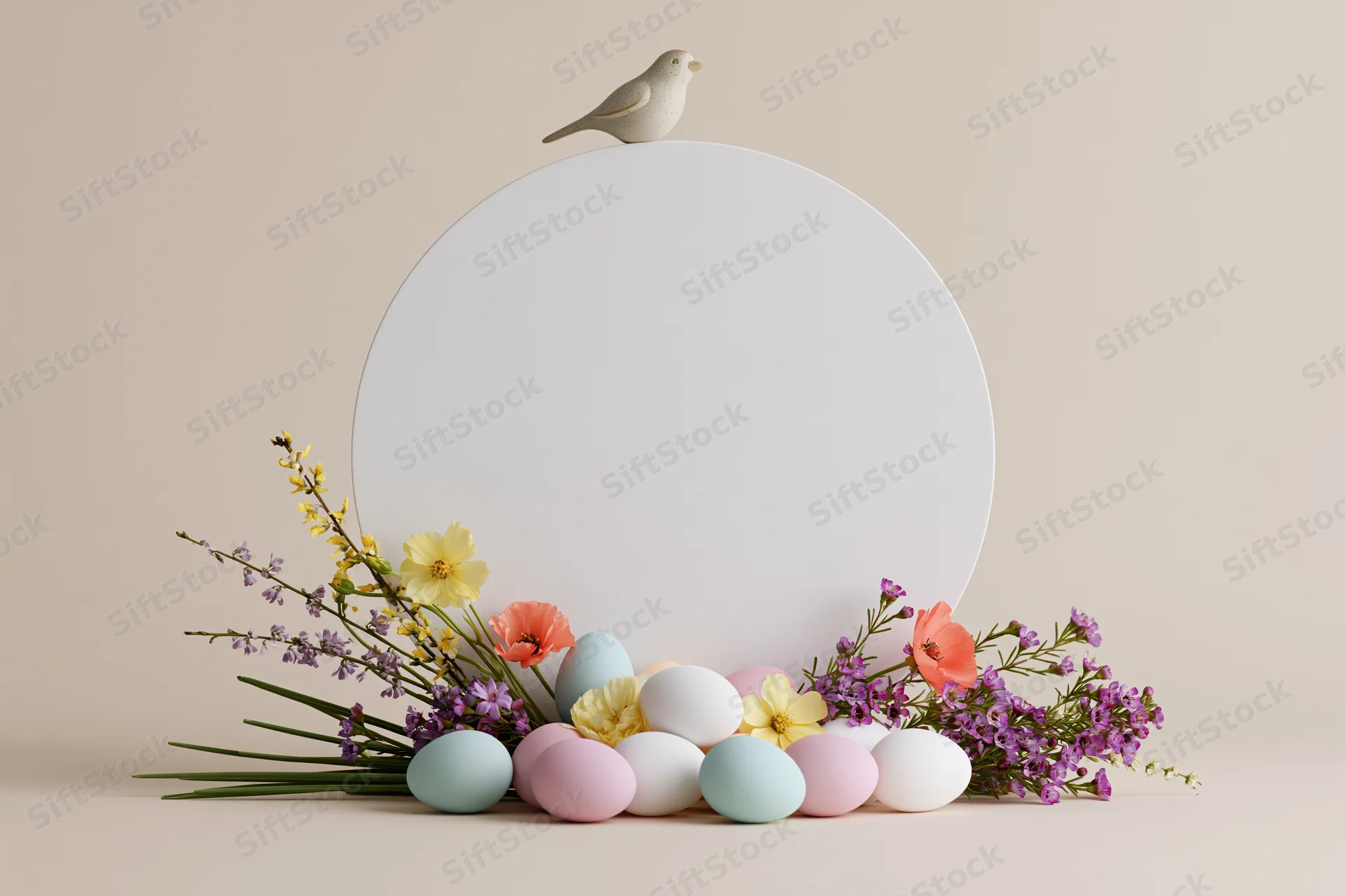 Pastel easter eggs and spring flowers arranged around a white circular disc with a small bird perched on top