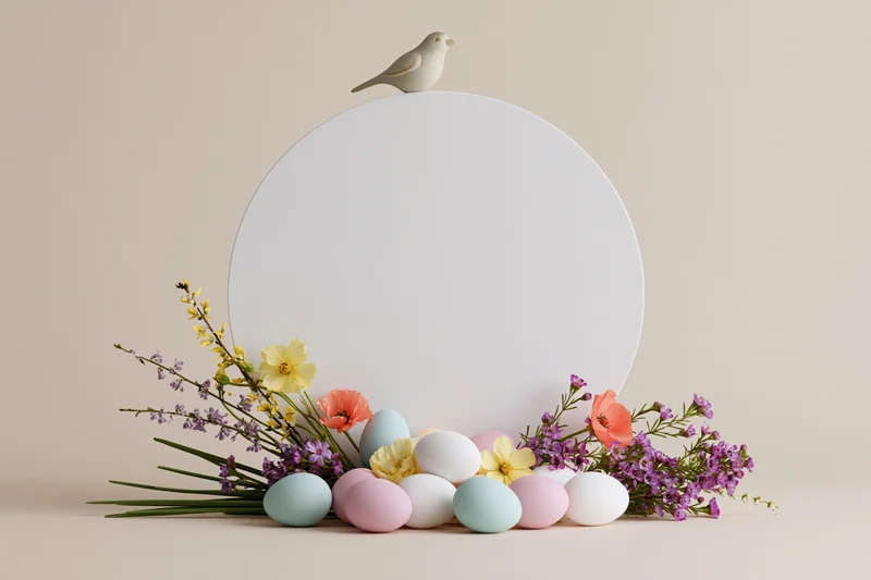 Pastel easter eggs and spring flowers arranged around a white circular disc with a small bird perched on top