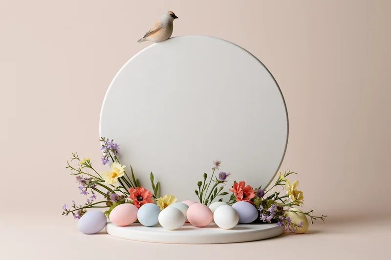 White circular disc surrounded by pastel eggs and wildflowers with a small bird perched on top