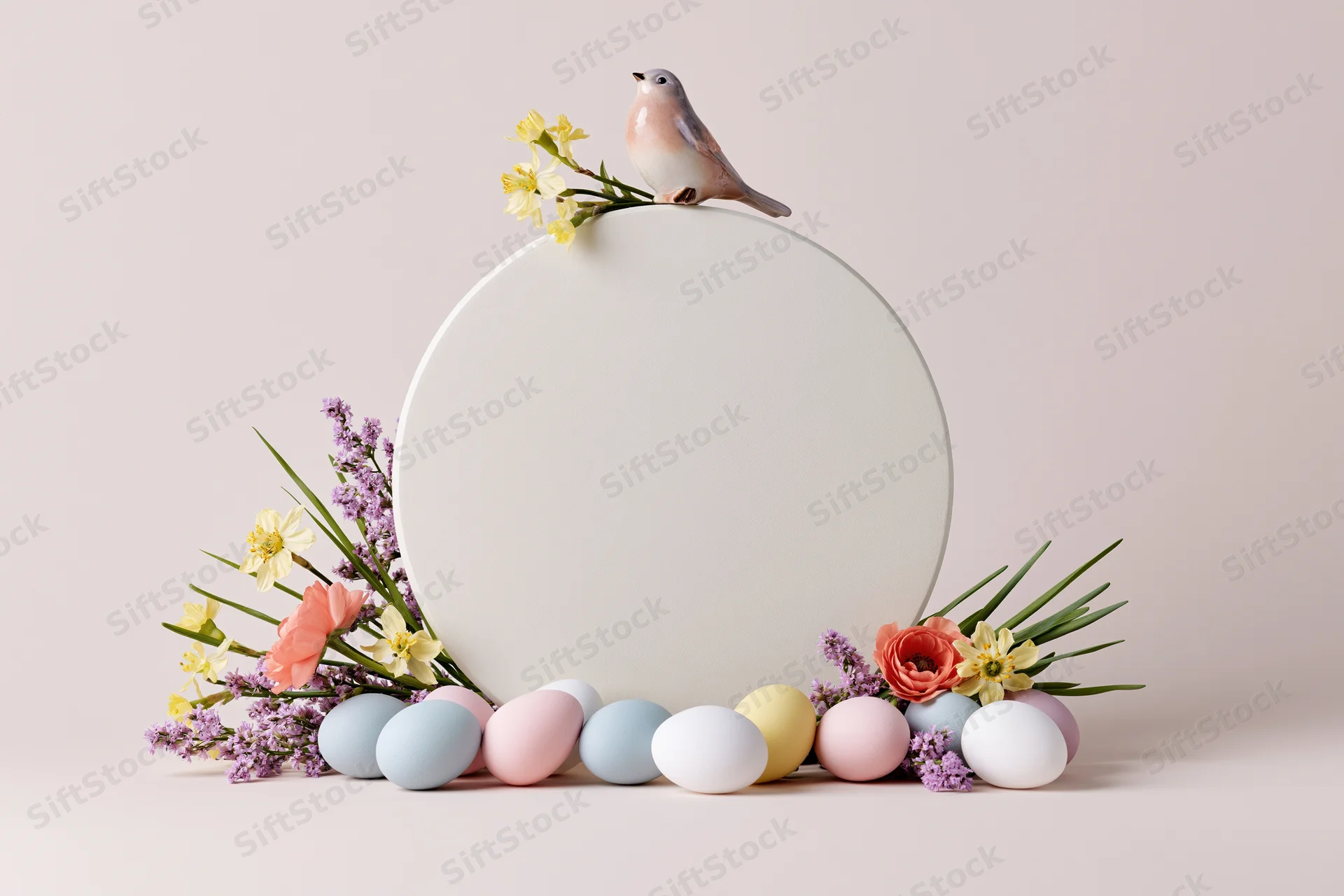 Circular white disc surrounded by pastel eggs, flowers and a small bird on a soft background
