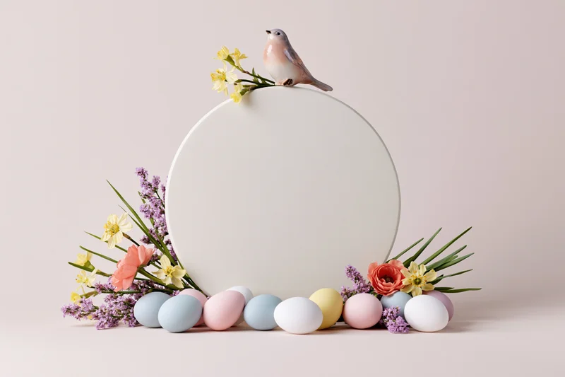 Circular white disc surrounded by pastel eggs, flowers and a small bird on a soft background