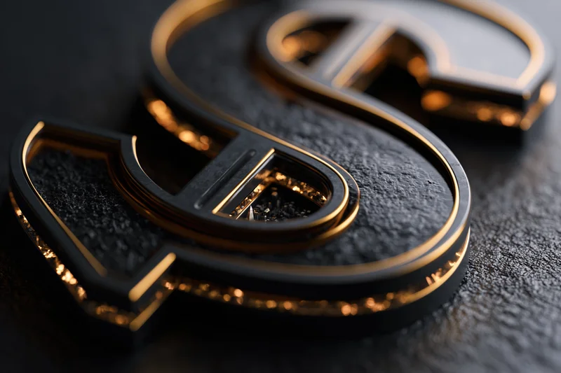Large sculpted dollar symbol in dark metal with gold trim on textured surface
