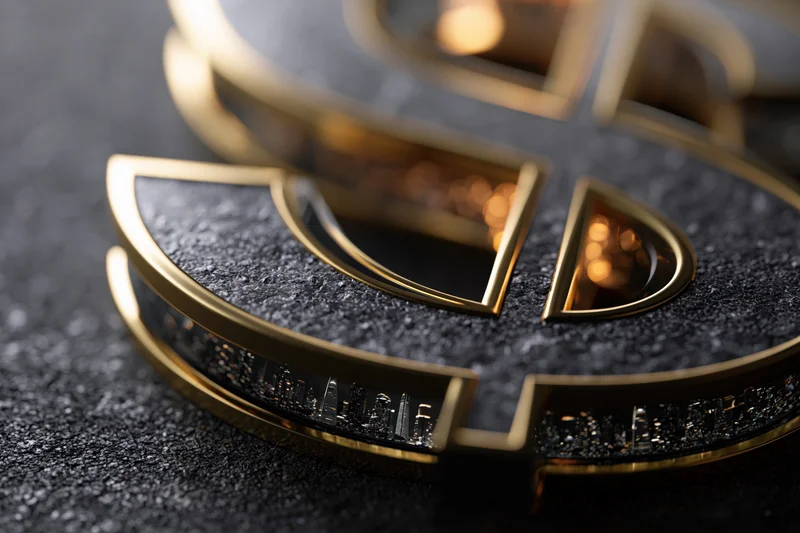 Large dollar sign sculpture made of dark metal with gold trim and embedded city skyline, resting on textured surface