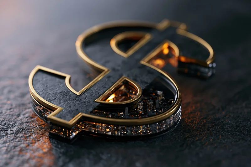 Large dollar symbol with cityscape interior on dark textured surface