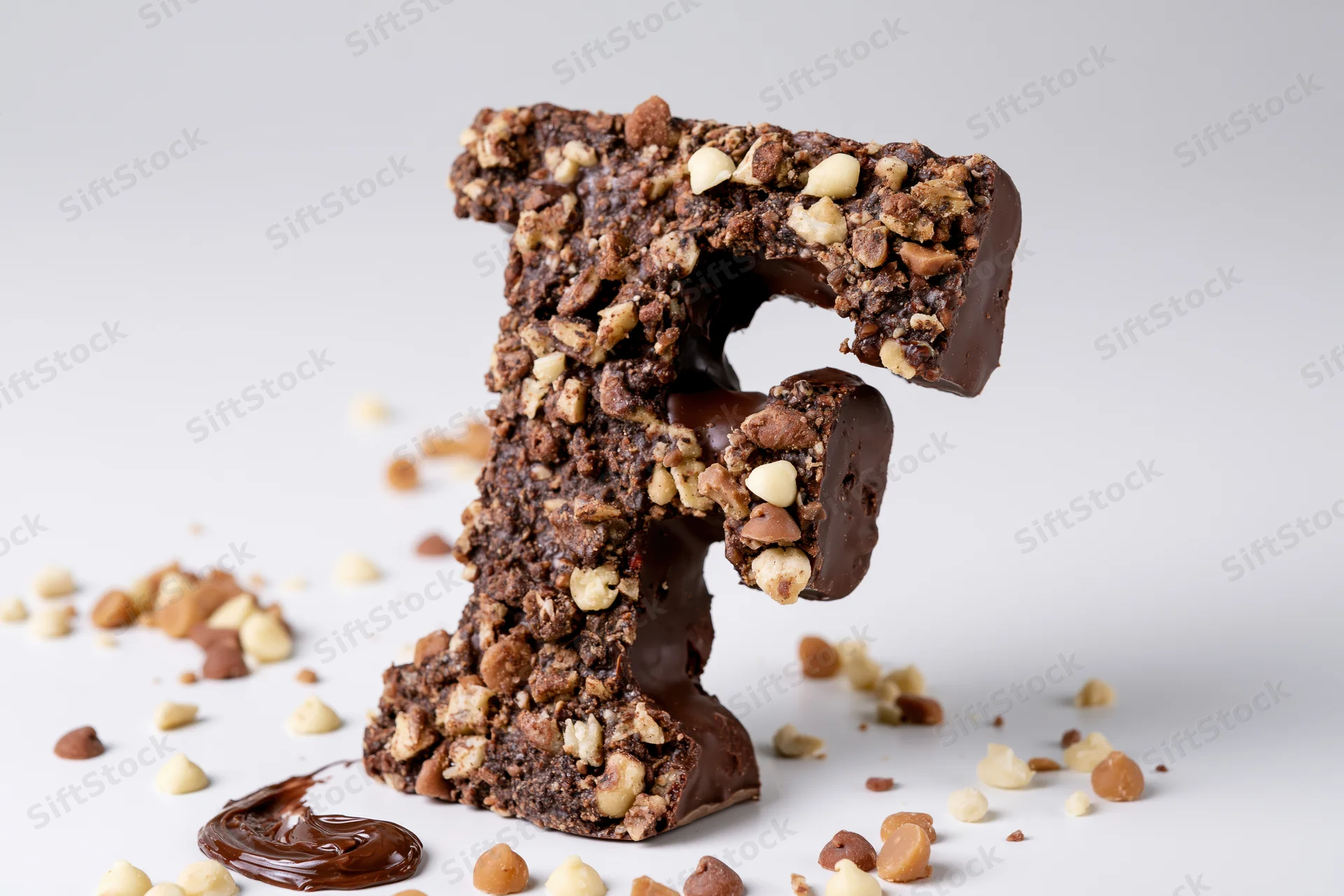 Chocolate letter f shaped candy sculpture with nuts and chocolate drizzle on white background