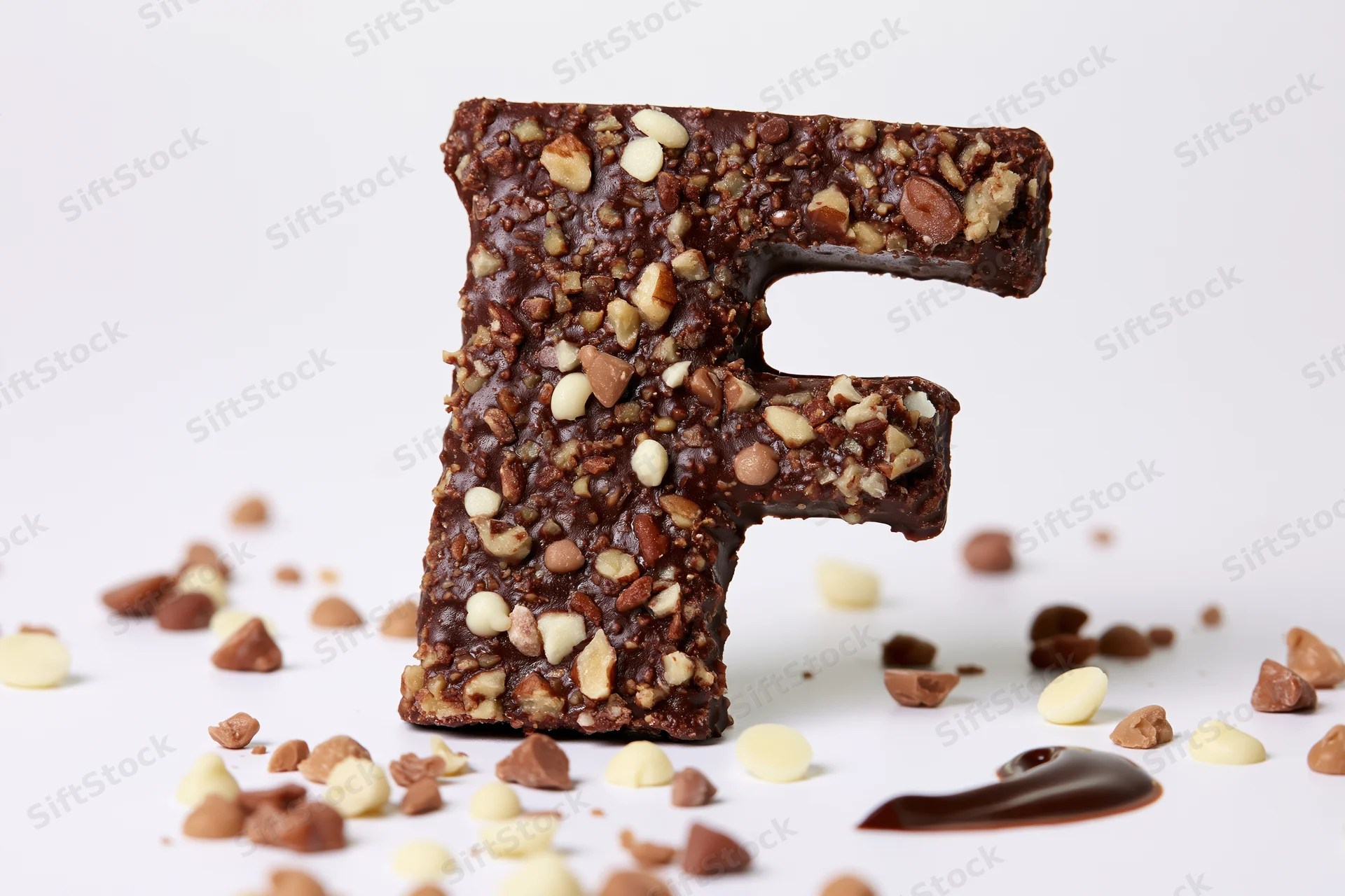 Chocolate letter f shaped candy with nuts and chocolate pieces scattered on white surface