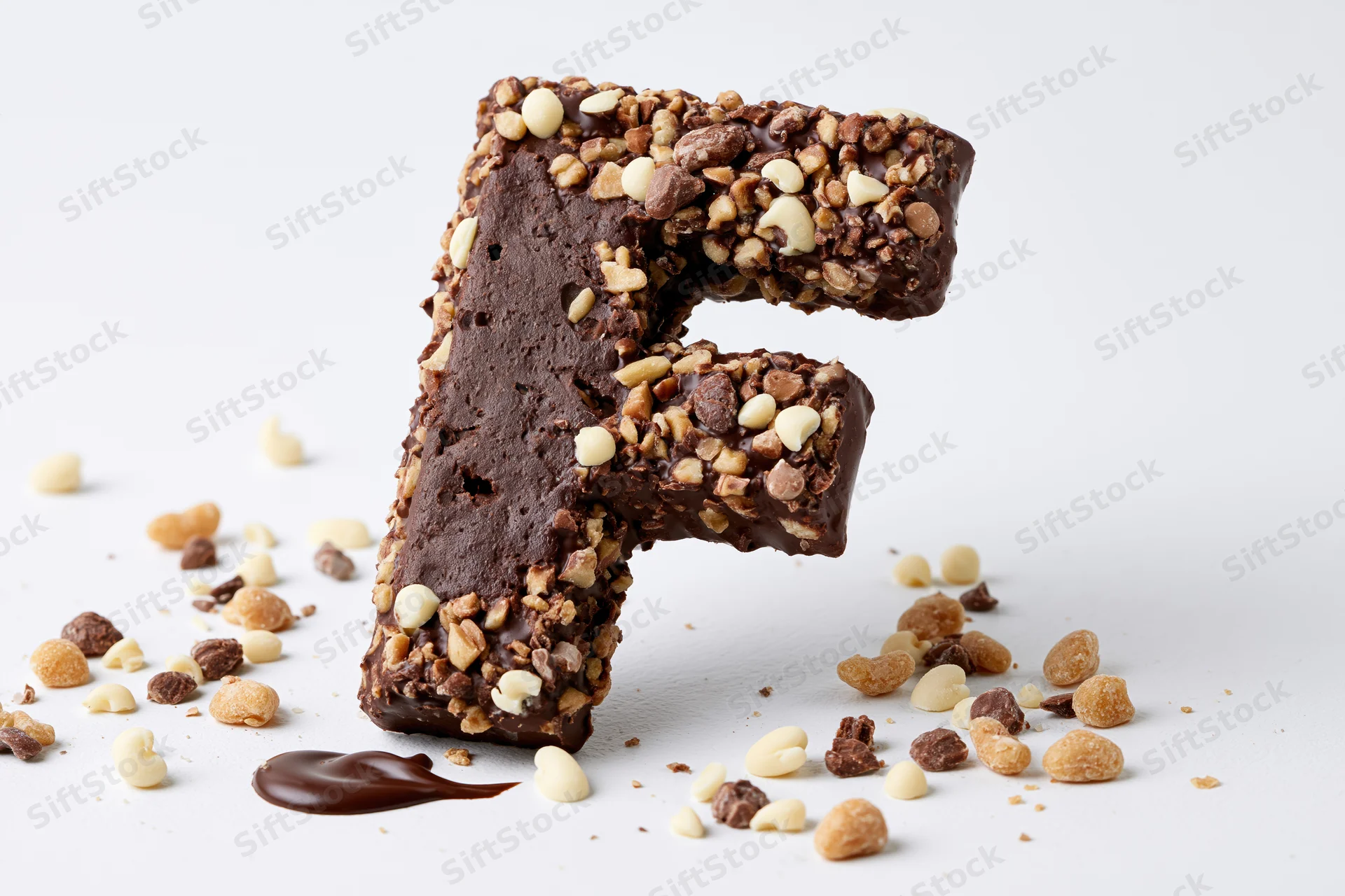 Chocolate letter f shaped candy with nuts and caramel bits on white surface