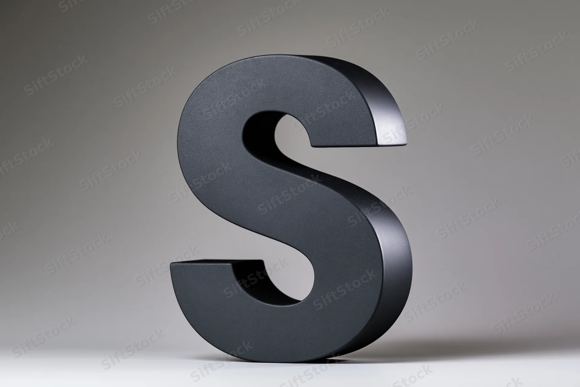 Large matte black three-dimensional letter s standing on a white surface against a neutral gradient background