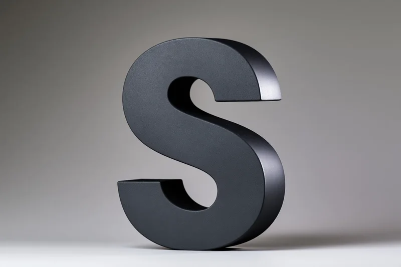 Large matte black three-dimensional letter s standing on a white surface against a neutral gradient background