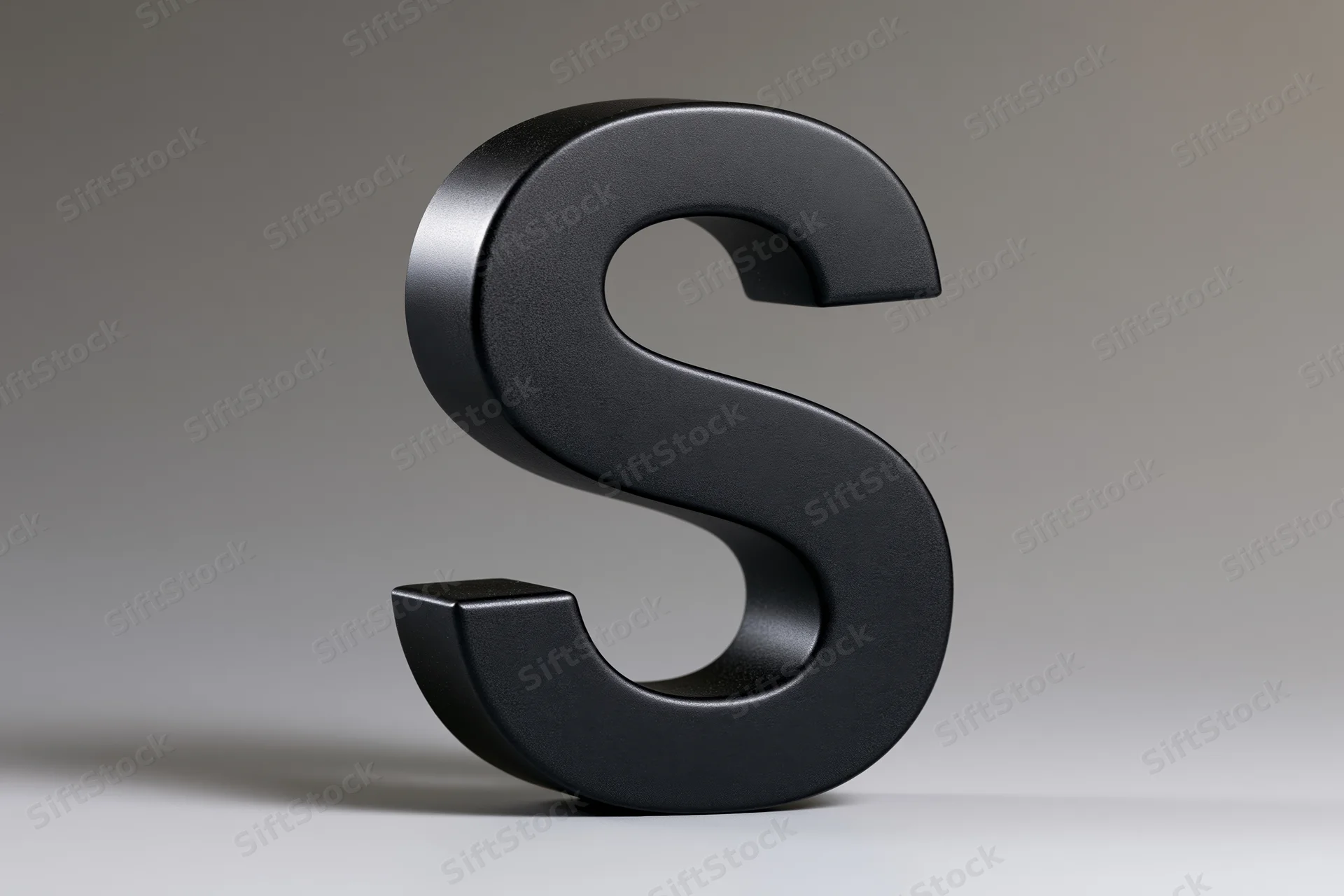 Large matte black three-dimensional letter s standing on a white surface against a gradient background