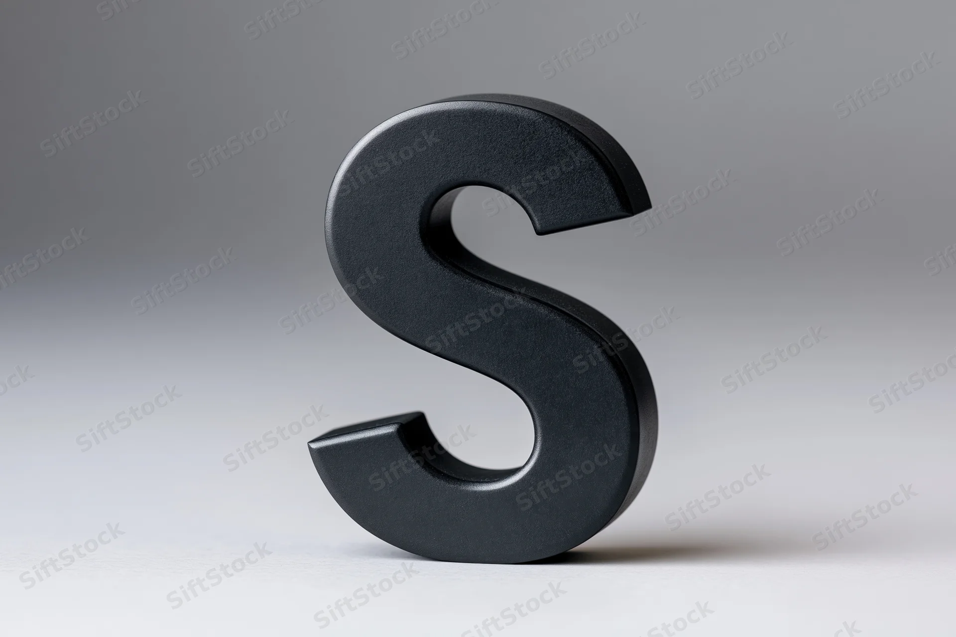 Matte black three-dimensional letter s standing upright on white surface