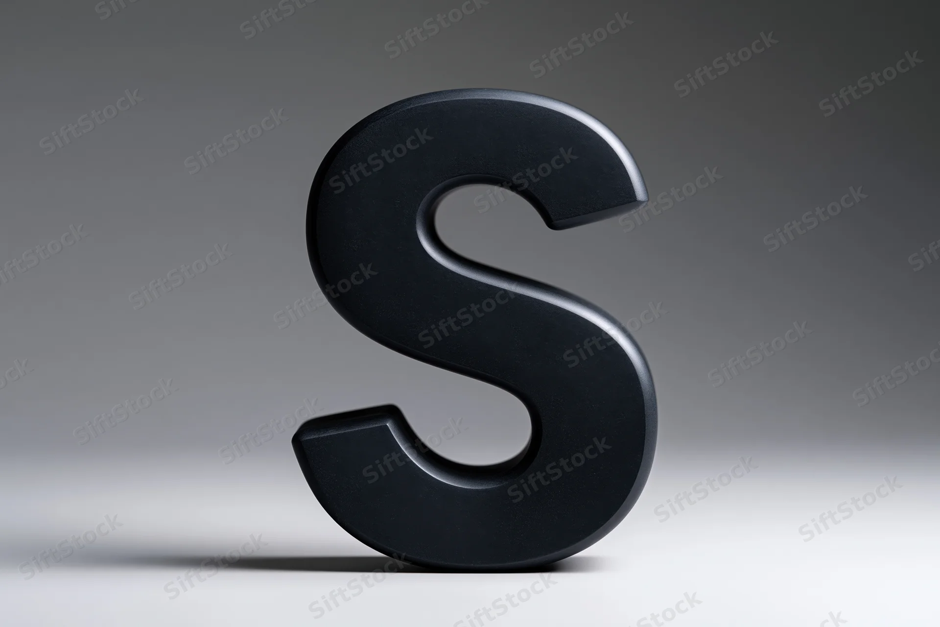 Large matte black three-dimensional letter s standing upright on a neutral gradient surface