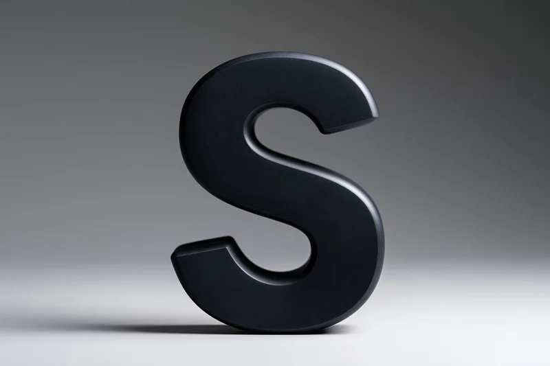 Large matte black three-dimensional letter s standing upright on a neutral gradient surface