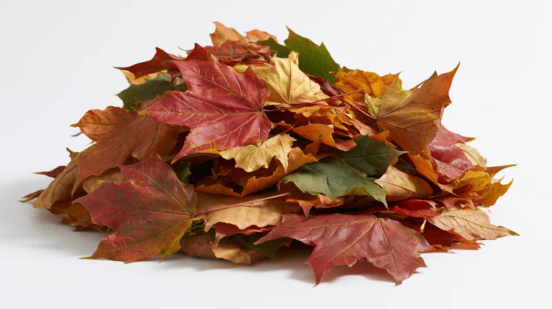 Pile of raked autumn maple leaves heaped into a mound on white background