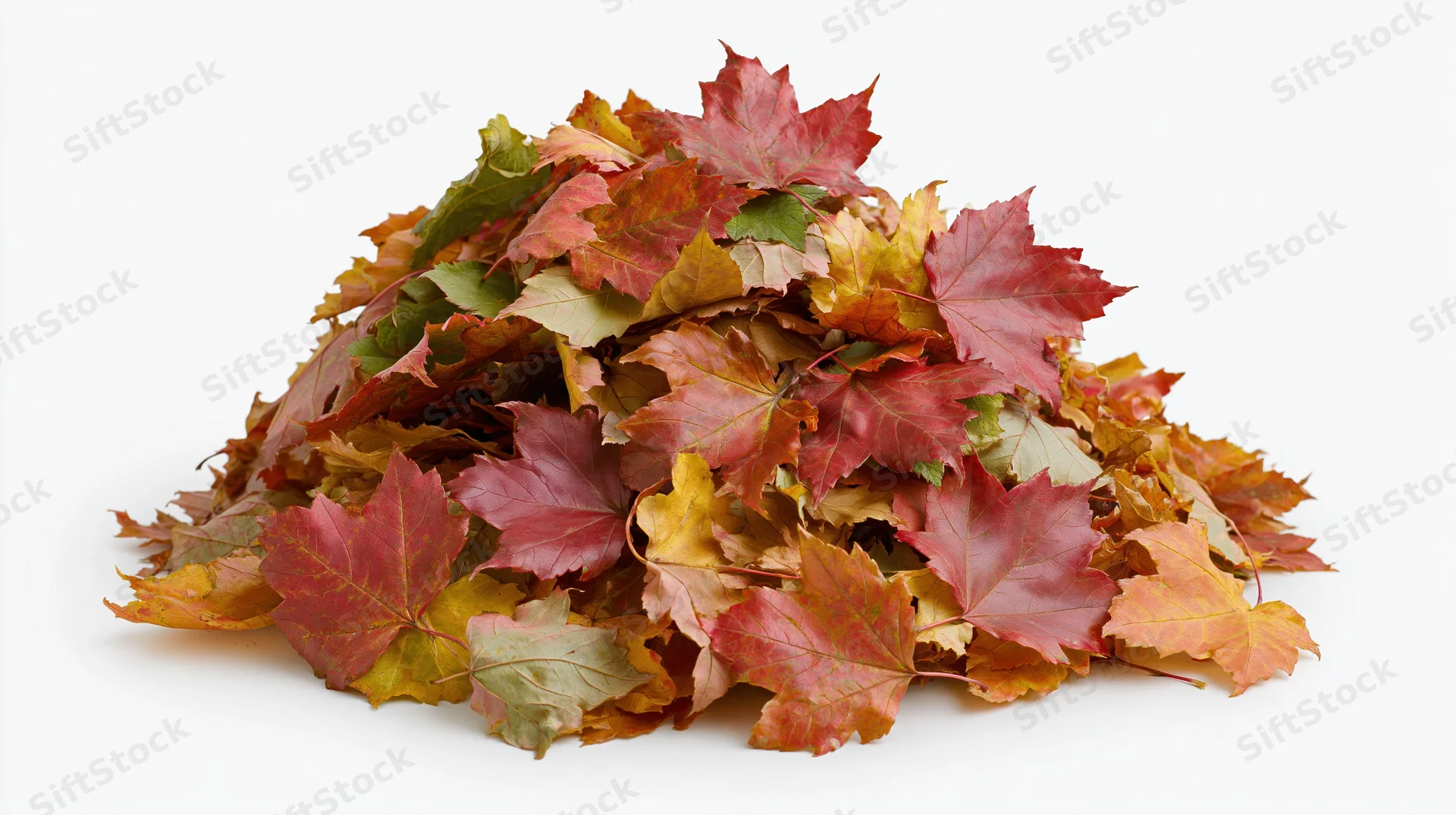 A mound of raked autumn maple leaves heaped on a white surface