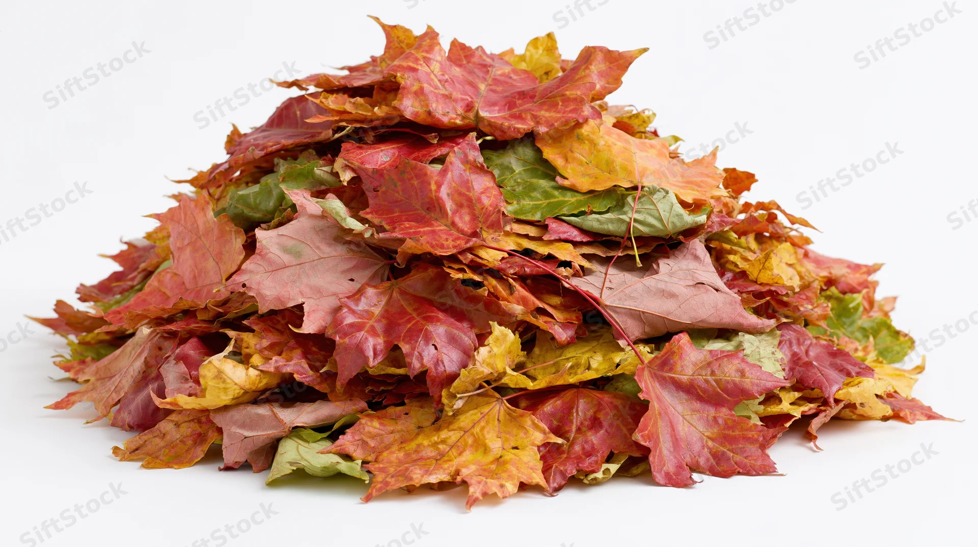 A mound of raked maple leaves piled high on a white background