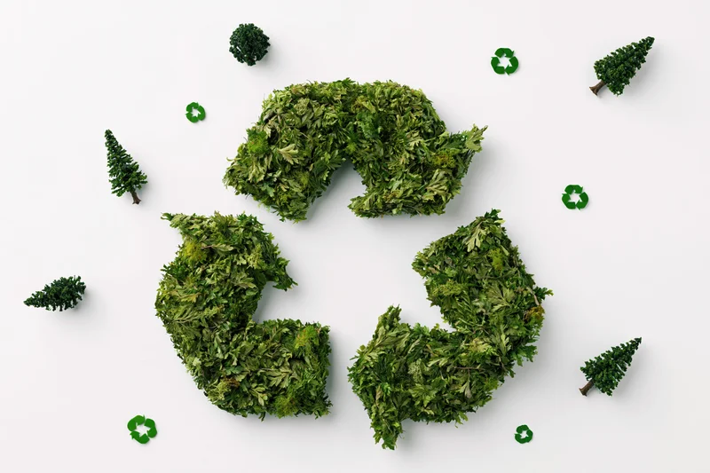 Recycling symbol made of green foliage and small trees on white background